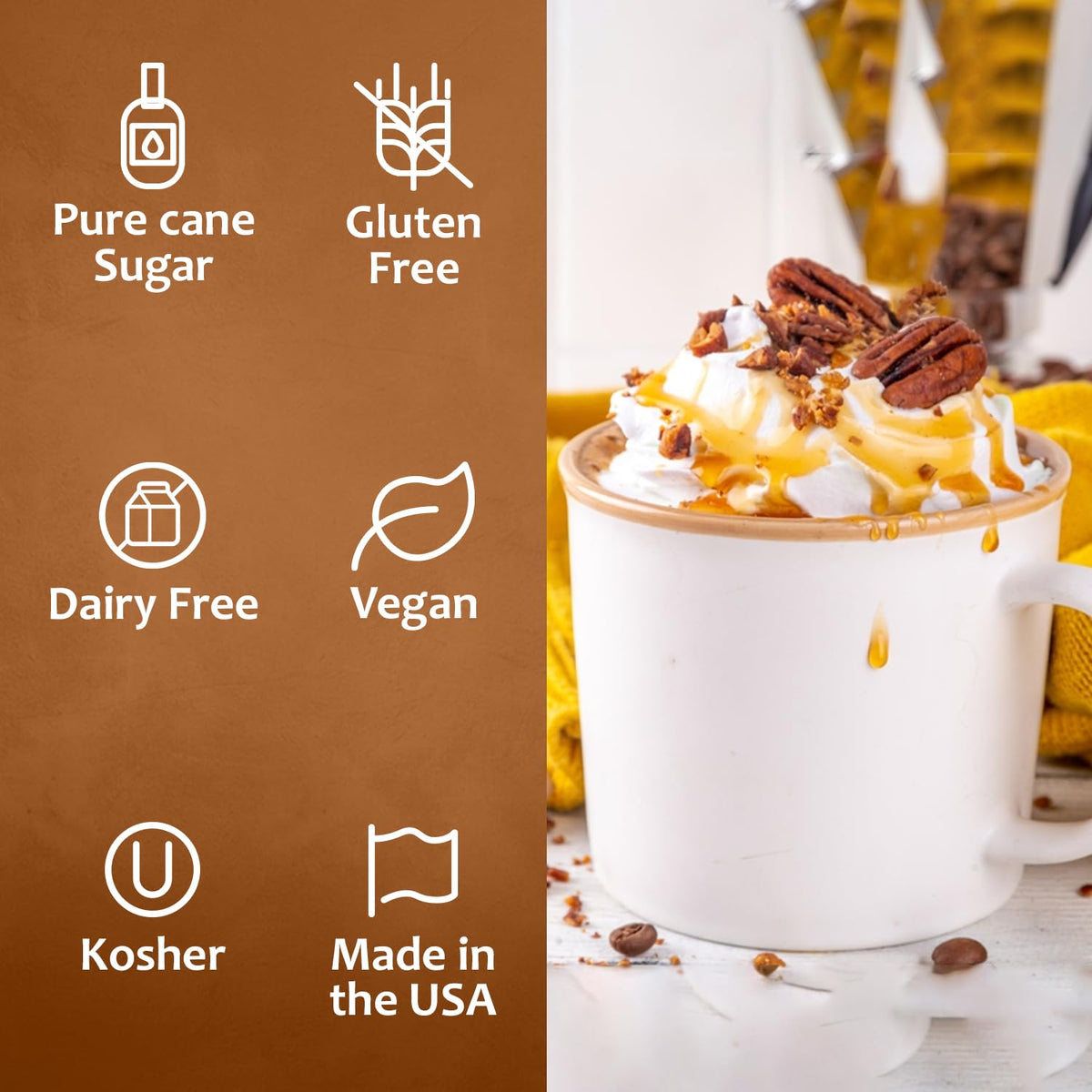 SYRUVIA maple bourbon pecan syrup poured into a coffee latte with artful swirls