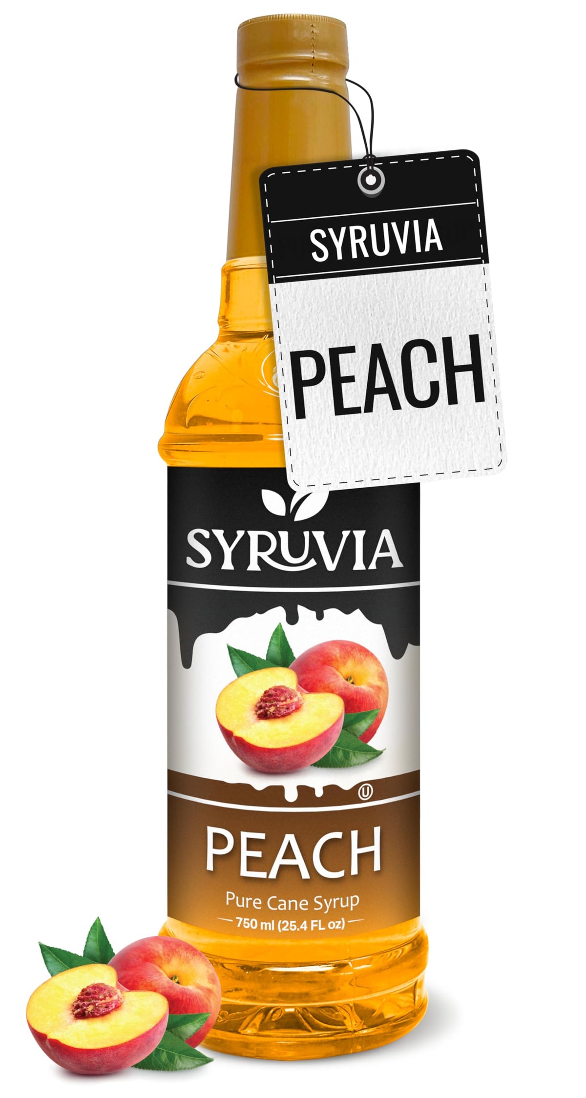 SYRUVIA Peach Syrup bottle front, ideal for cocktails and lemonades.