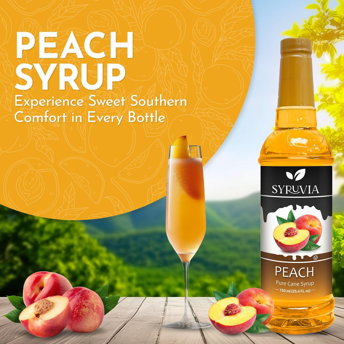 SYRUVIA Peach Syrup label close-up highlights gluten-free, kosher ingredients.