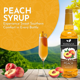 SYRUVIA Peach Syrup label close-up highlights gluten-free, kosher ingredients.