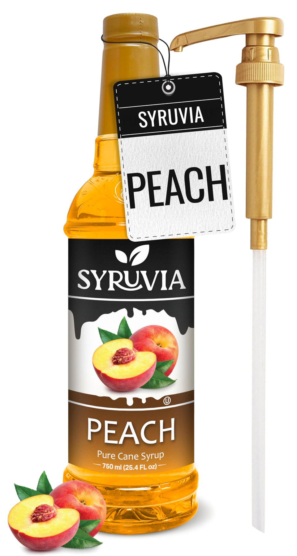 SYRUVIA Peach Syrup bottle pour adds bright fruit flavor to beverages.