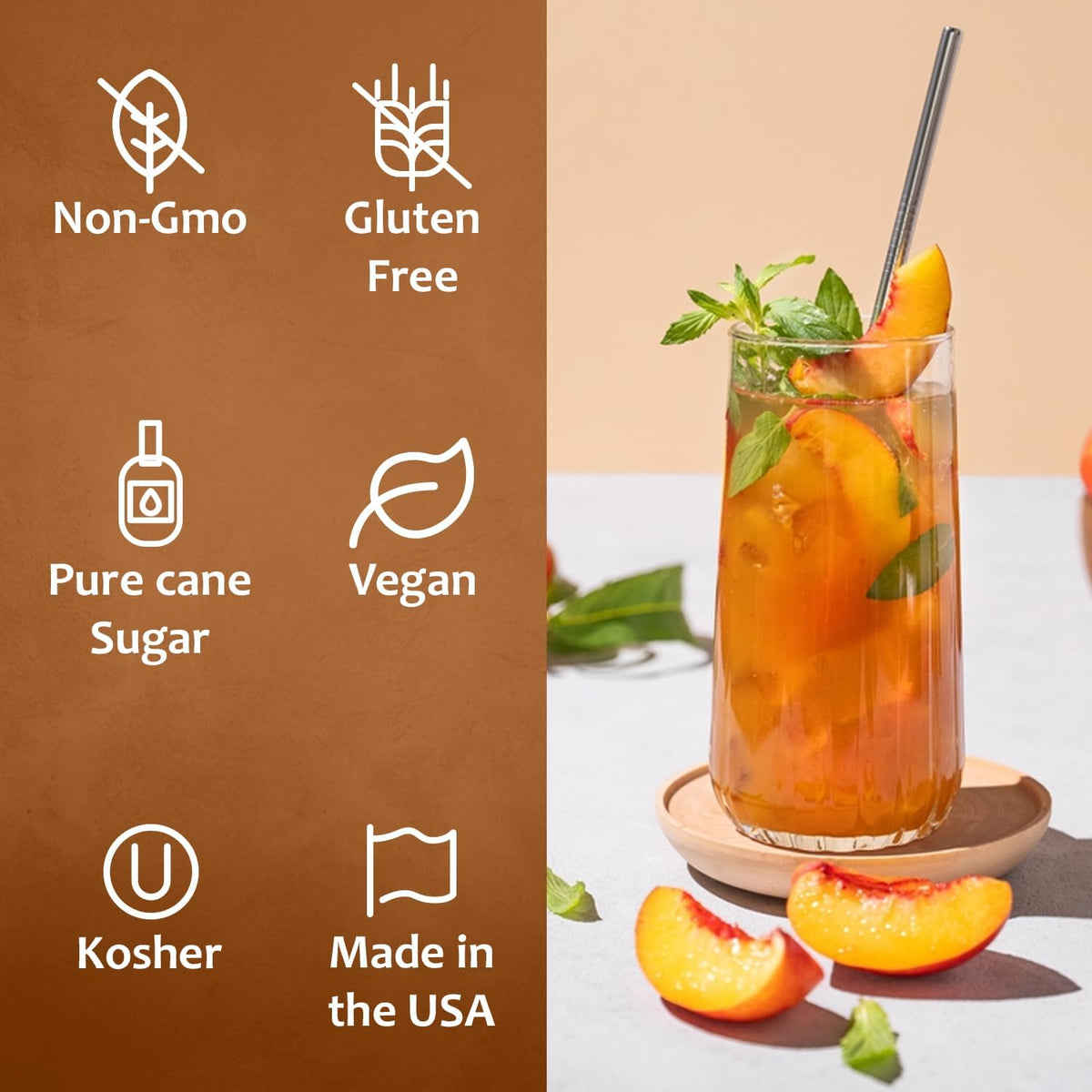 SYRUVIA Peach Syrup over ice in a dessert topping setup.