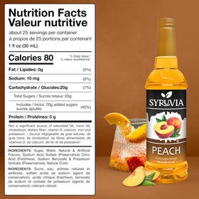 SYRUVIA Peach Syrup pouring from bottle into a glass for refreshing drinks.