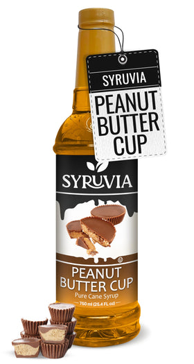 SYRUVIA Peanut Butter Cup Syrup bottle showcases bold flavor for drinks and desserts
