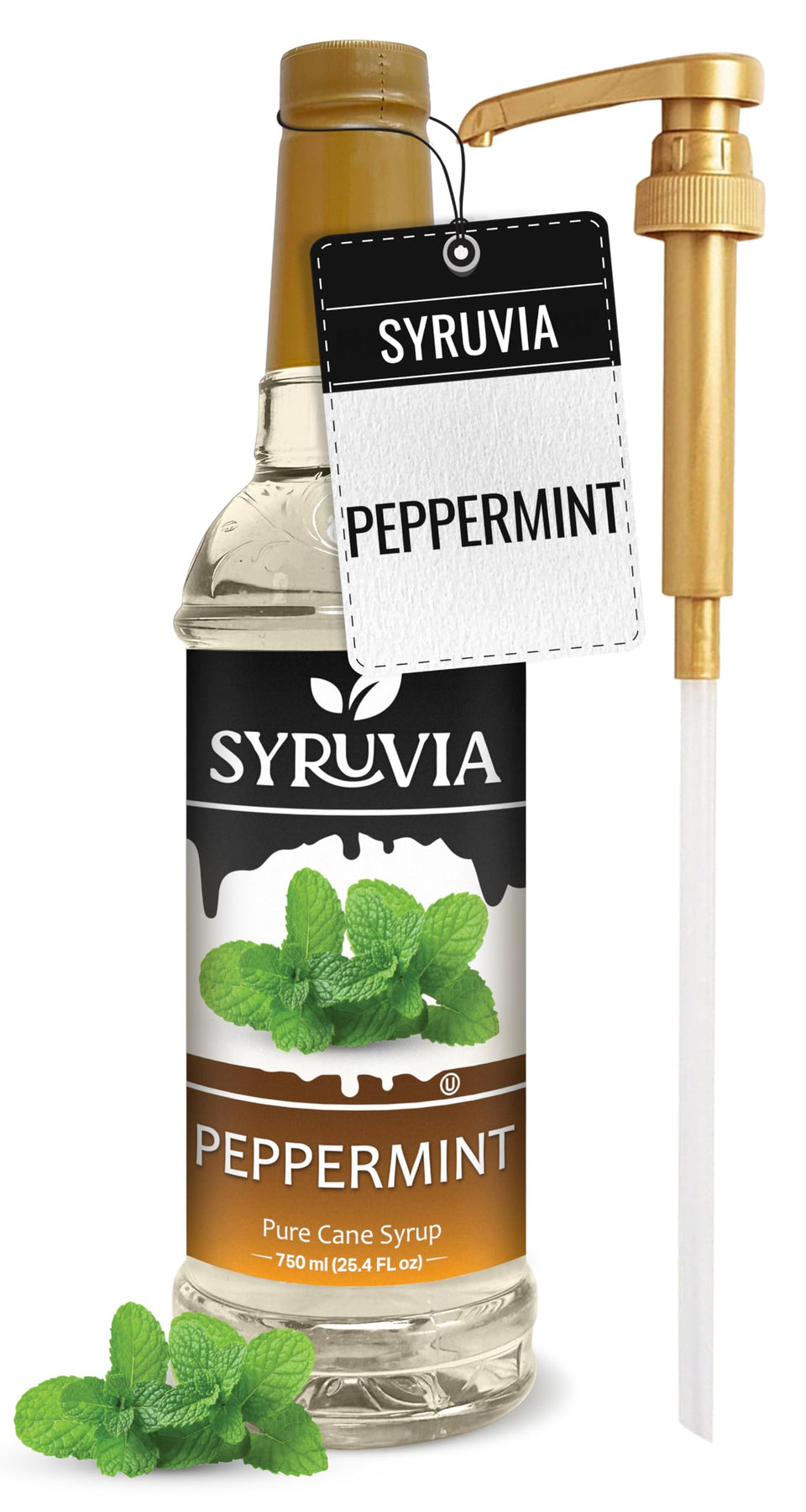SYRUVIA Peppermint Syrup bottle enhances premium coffee flavor