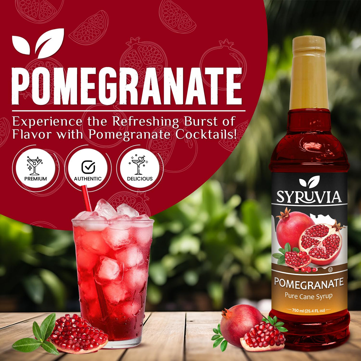 SYRUVIA Pomegranate Syrup glass drink highlights fruity sweetness in refreshment.