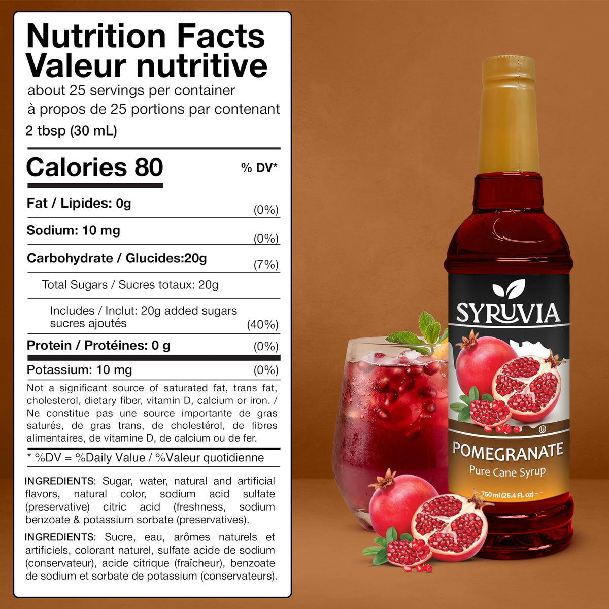SYRUVIA Pomegranate Syrup label packaging showcases premium Kosher, non-GMO quality.