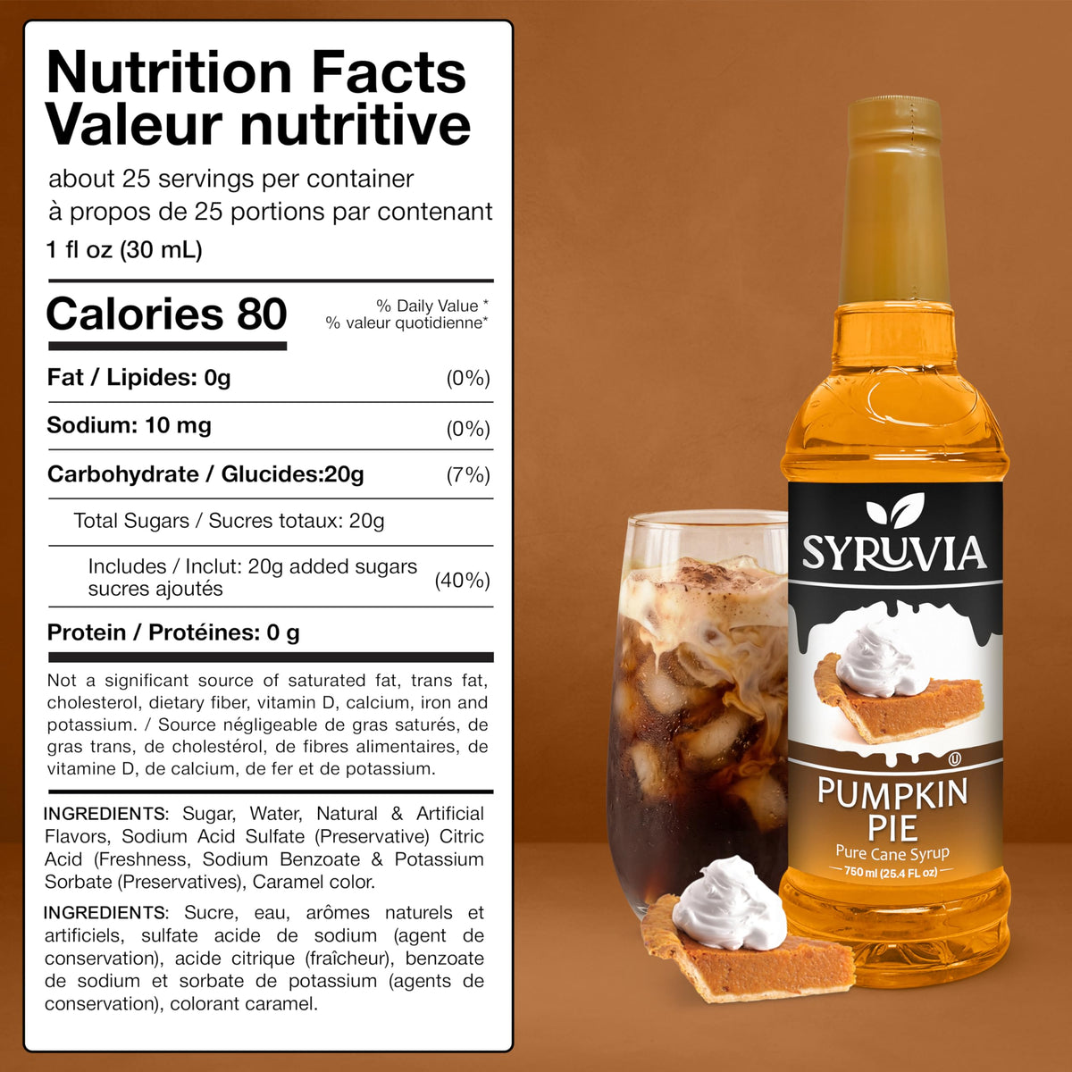 SYRUVIA Pumpkin Pie Coffee Syrup on iced coffee adding cozy pumpkin spice notes.