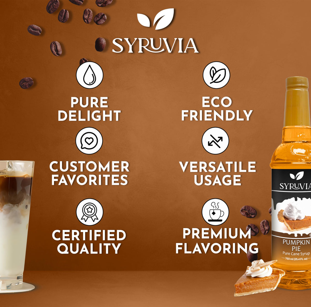 SYRUVIA Pumpkin Pie Coffee Syrup being poured to swirl into shakes.