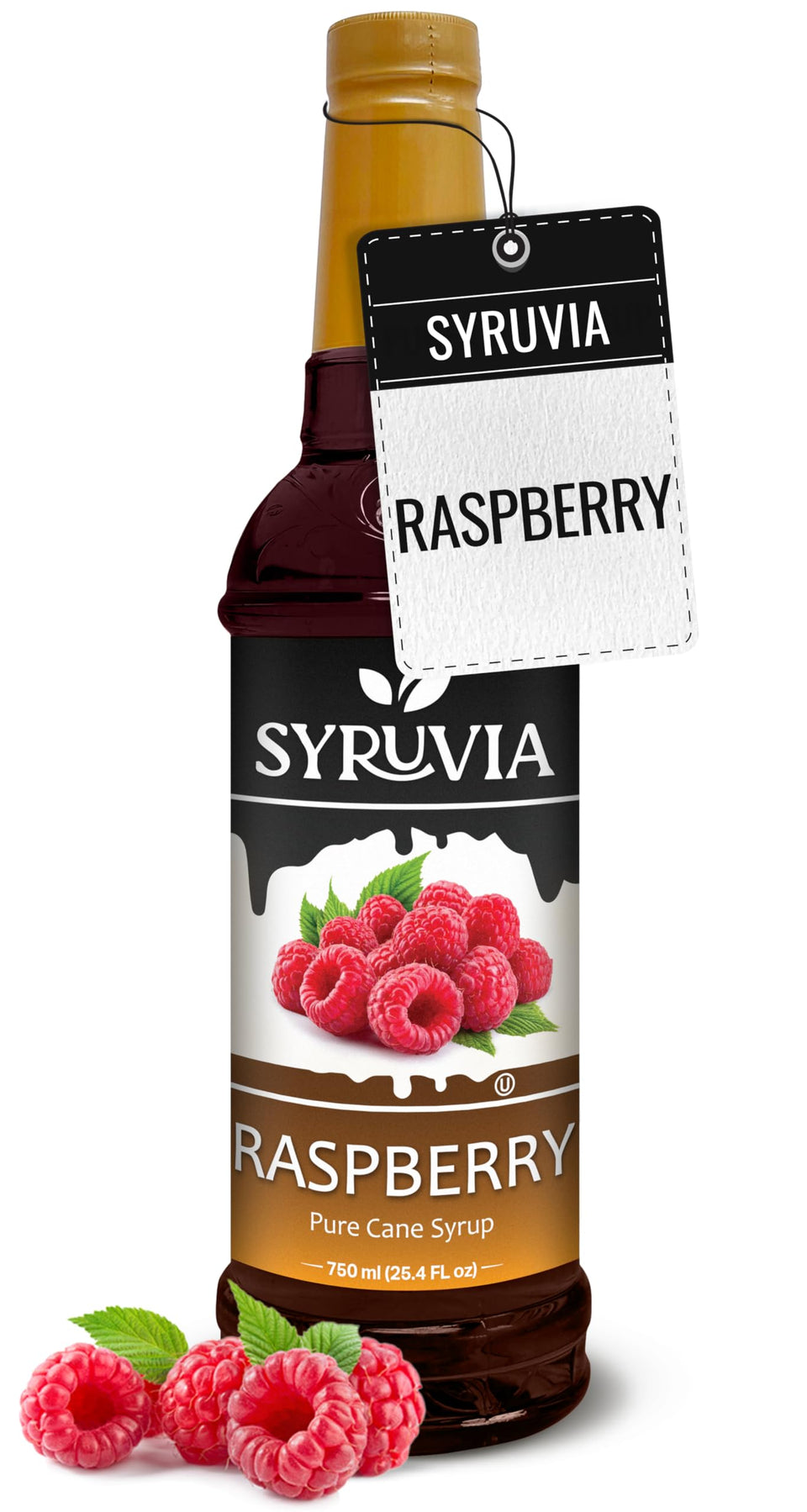 SYRUVIA Raspberry Syrup bottle showcases pure flavor for drinks and desserts.