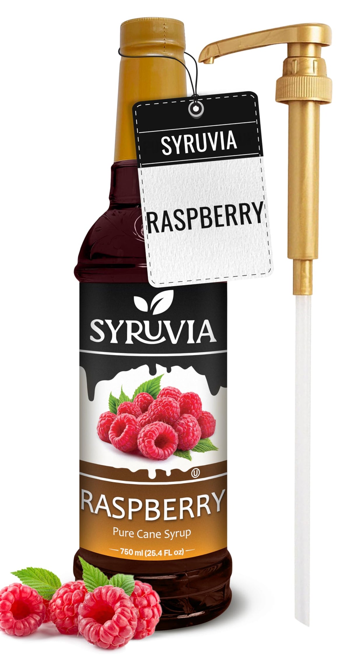 SYRUVIA Raspberry Syrup bottle with pump for quick, mess-free flavoring.