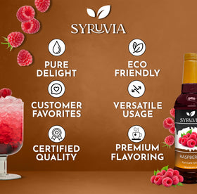 SYRUVIA Raspberry Syrup bottle with coffee shows coffee-friendly flavor.