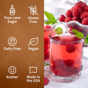 SYRUVIA Raspberry Syrup iced-tea-served bottle enhances refreshing sips.