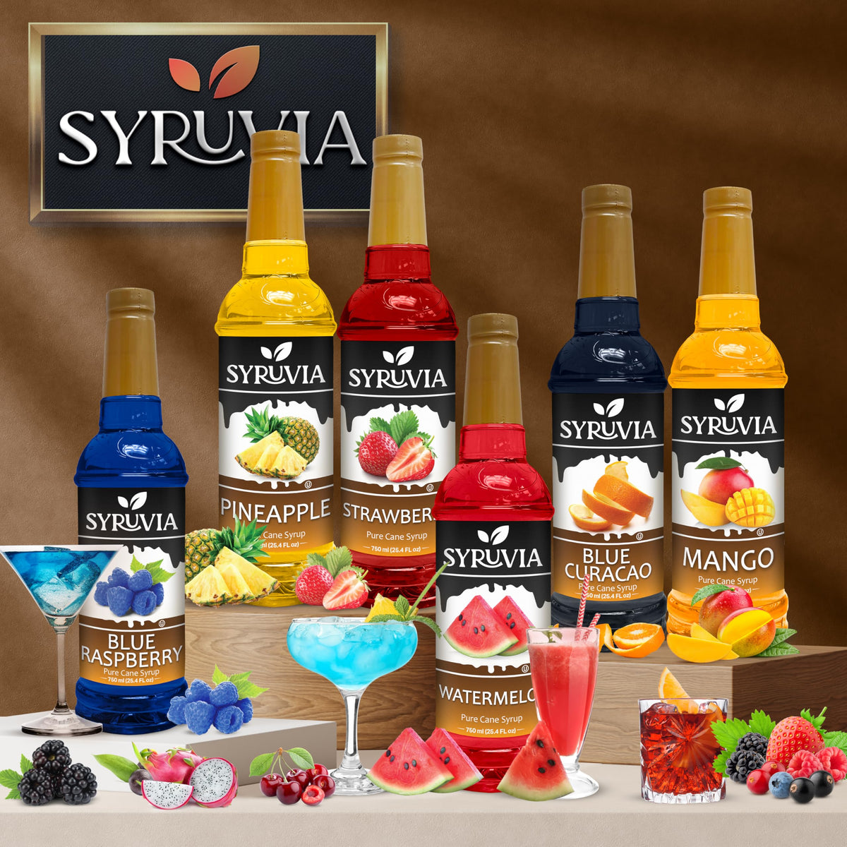 SYRUVIA Raspberry Syrup label highlights pure cane sugar and quality.
