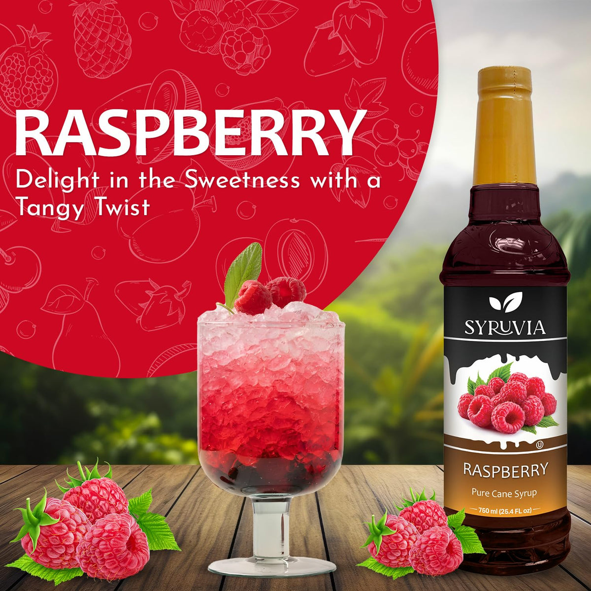 SYRUVIA Raspberry Syrup pour-glass adds vibrant color to cocktails and lemonades.