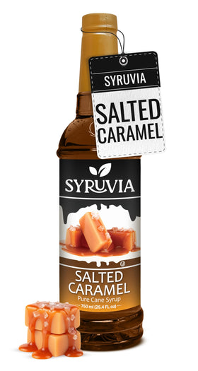 SYRUVIA Salted Caramel Syrup bottle front for gourmet coffee and desserts.