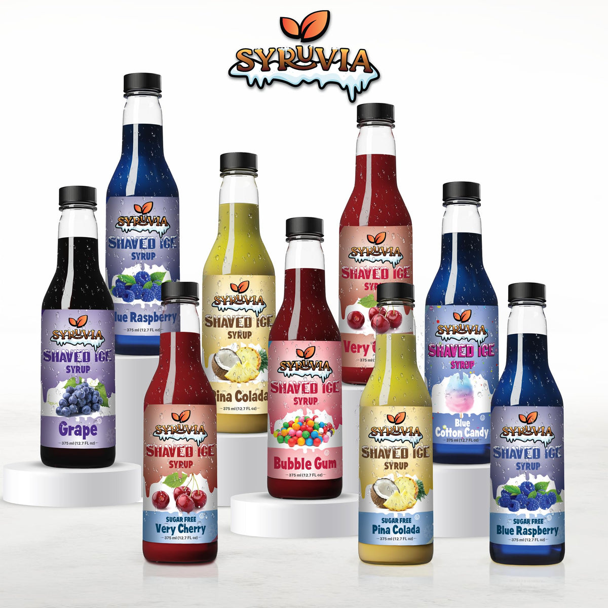SYRUVIA snow cone syrup pour-ready bottle in action for slushies and sodas