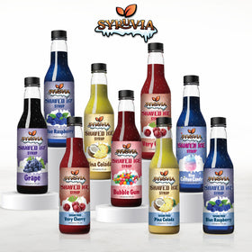 SYRUVIA snow cone syrup pour-ready bottle in action for slushies and sodas