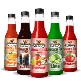 SYRUVIA snow cone syrup root beer bottle pour for refreshing shaved ice