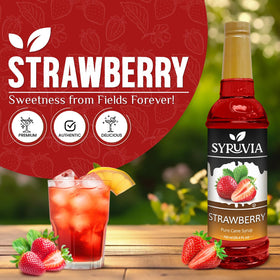 SYRUVIA strawberry syrup bottle front label highlights premium ingredients