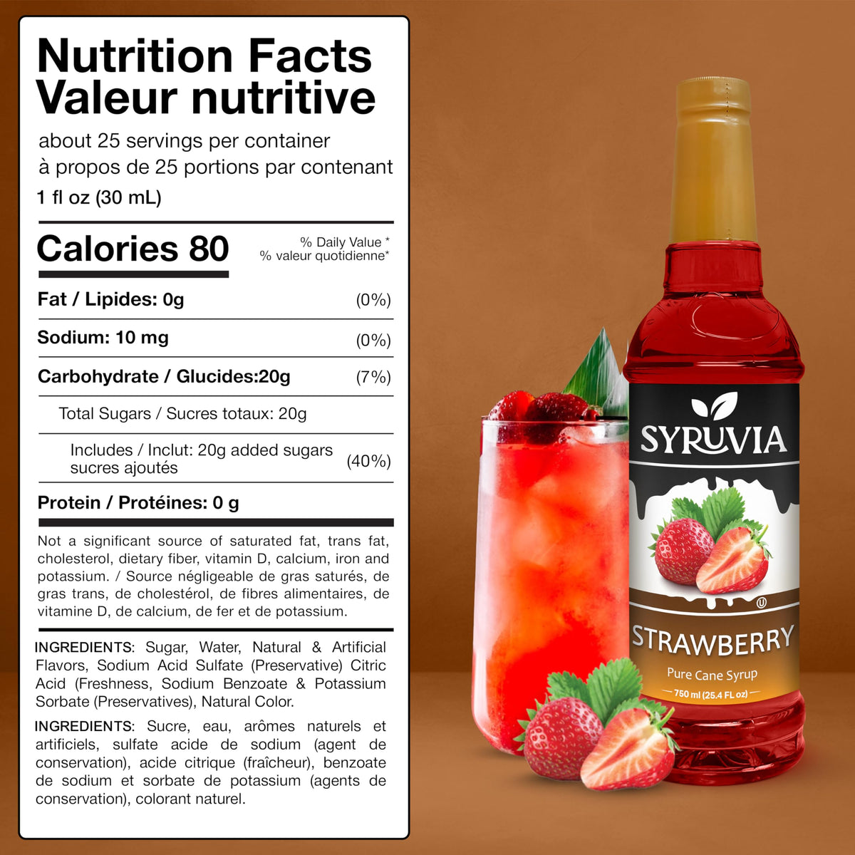 SYRUVIA Strawberry Syrup over dessert topping for rich strawberry notes.