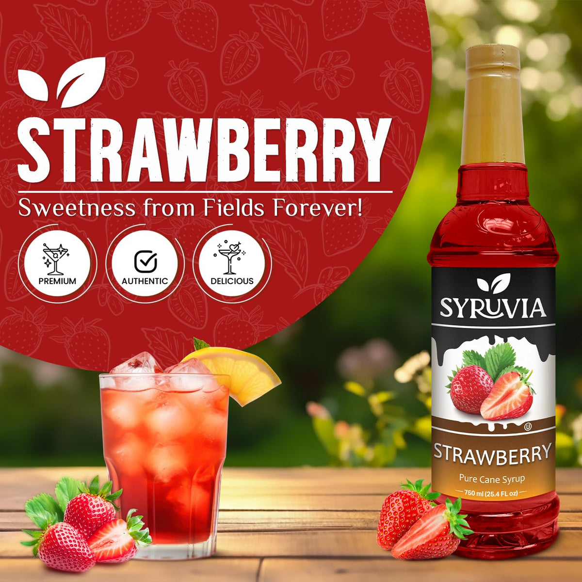 Pouring SYRUVIA Strawberry Syrup to add fruity sweetness to beverages.
