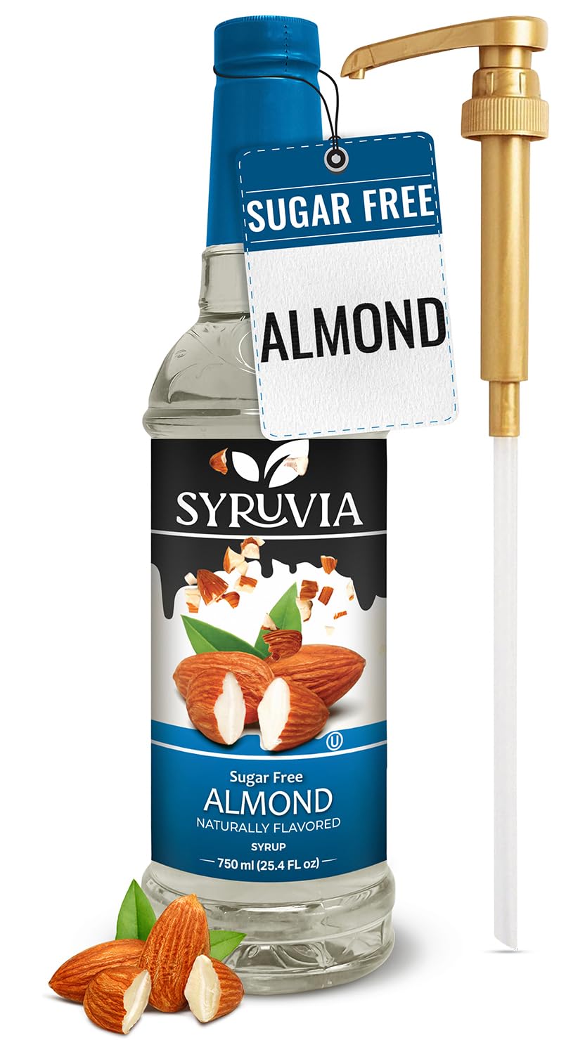 SYRUVIA Sugar Free Almond Syrup bottle with pump for easy beverage topping.