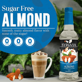SYRUVIA Sugar Free Almond Syrup enhances coffee with almond flavor.