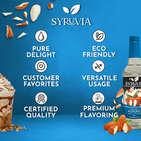 SYRUVIA Sugar Free Almond Syrup ingredients label shows clean formula.