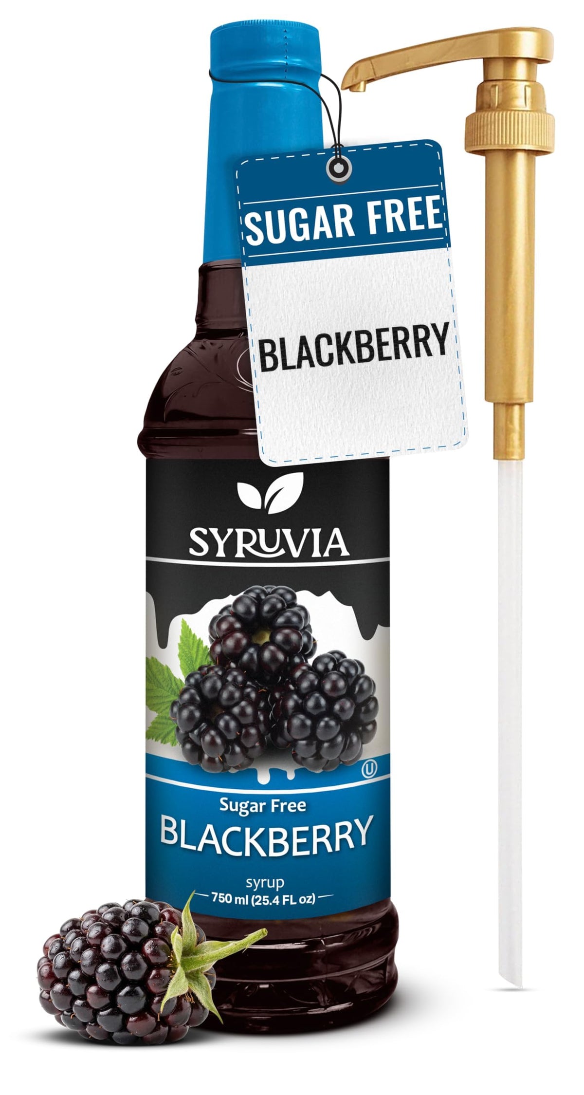 SYRUVIA Sugar-Free Blackberry Syrup bottle adds rich, calorie-free flavor to drinks.