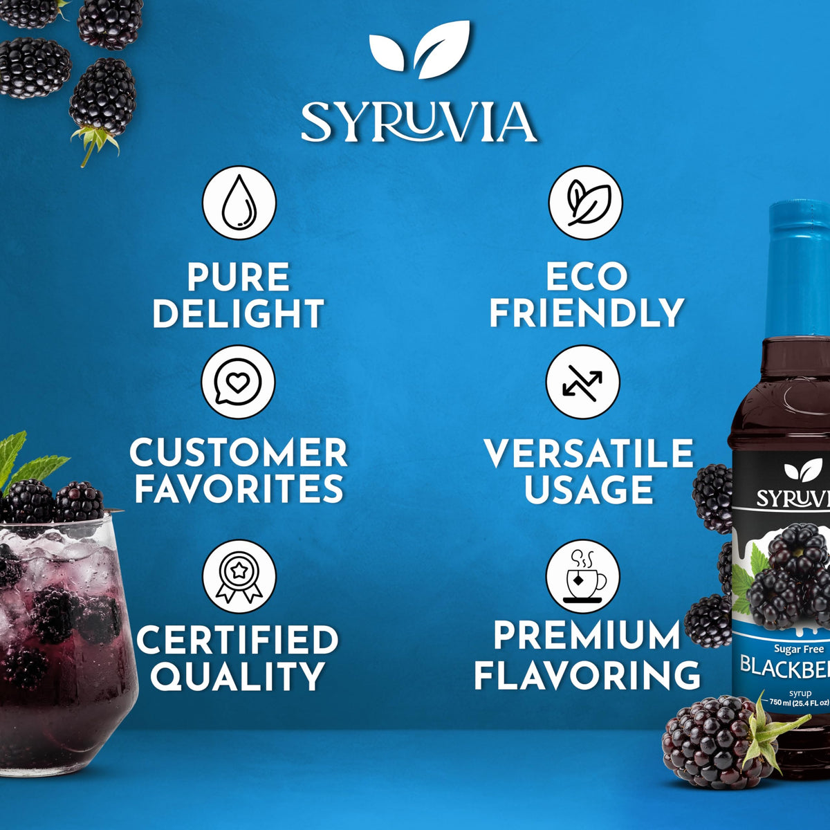 SYRUVIA Sugar-Free Blackberry Syrup stirred into lemonade for a refreshing flavor.