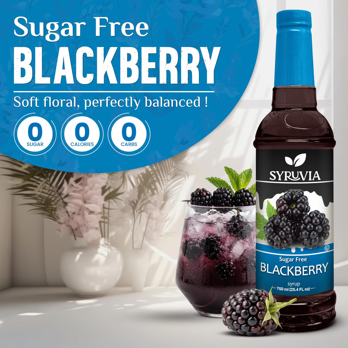 Pouring SYRUVIA Sugar-Free Blackberry Syrup from the pump for easy cocktails.