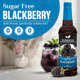Pouring SYRUVIA Sugar-Free Blackberry Syrup from the pump for easy cocktails.