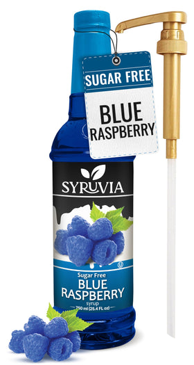 SYRUVIA Sugar-Free Blue Raspberry bottle for refreshing low-sugar beverages.