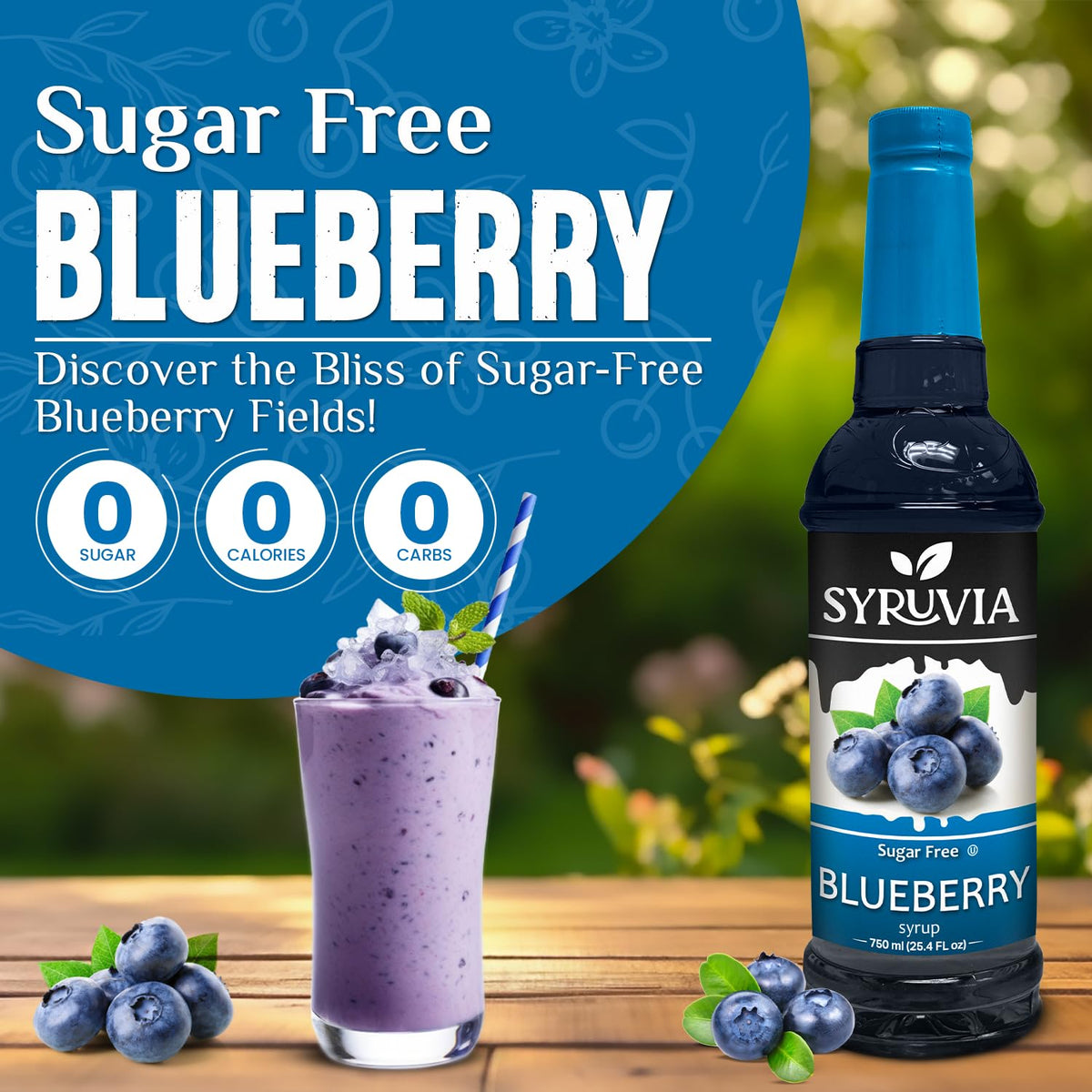 SYRUVIA sugar-free blueberry syrup bottle close-up highlighting pure, calorie-conscious sweetness