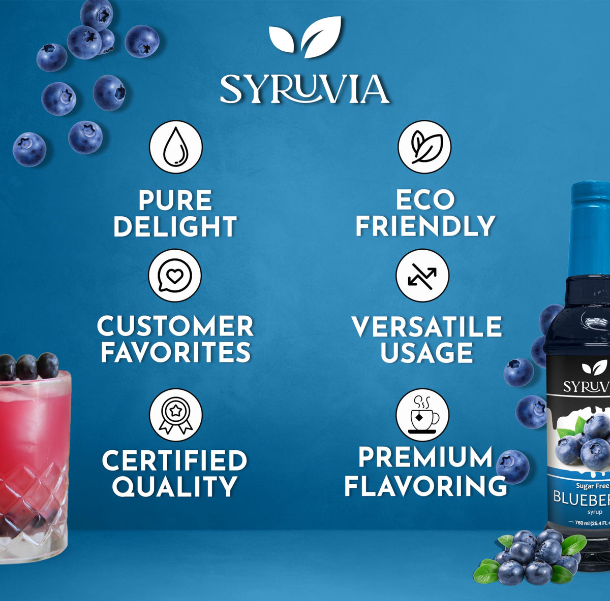 SYRUVIA sugar-free blueberry syrup drink pour for iced tea or cocktails