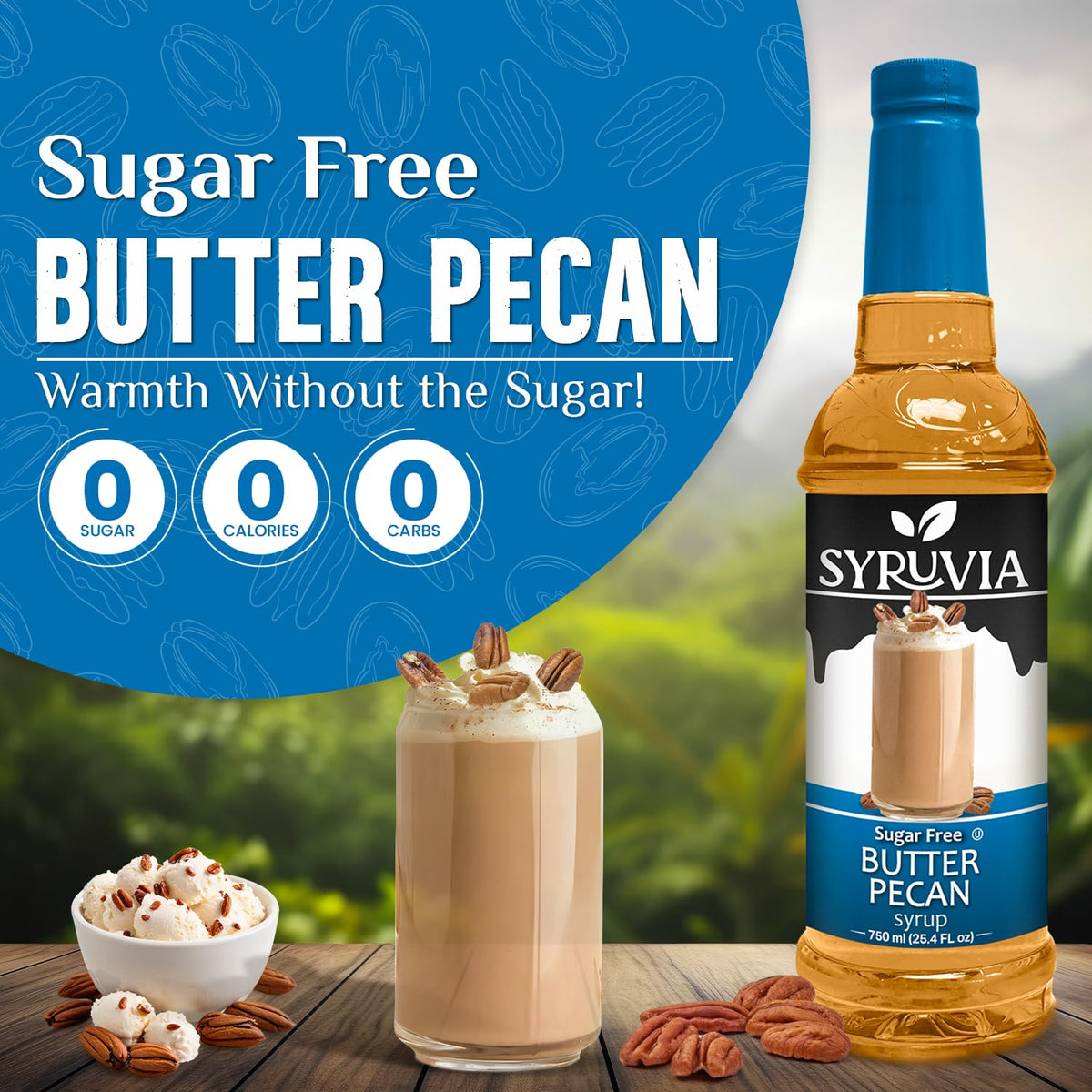 SYRUVIA Butter Pecan Syrup pouring into coffee for enhanced aroma