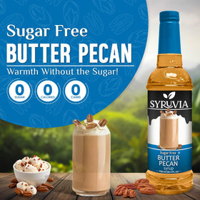 SYRUVIA Butter Pecan Syrup pouring into coffee for enhanced aroma