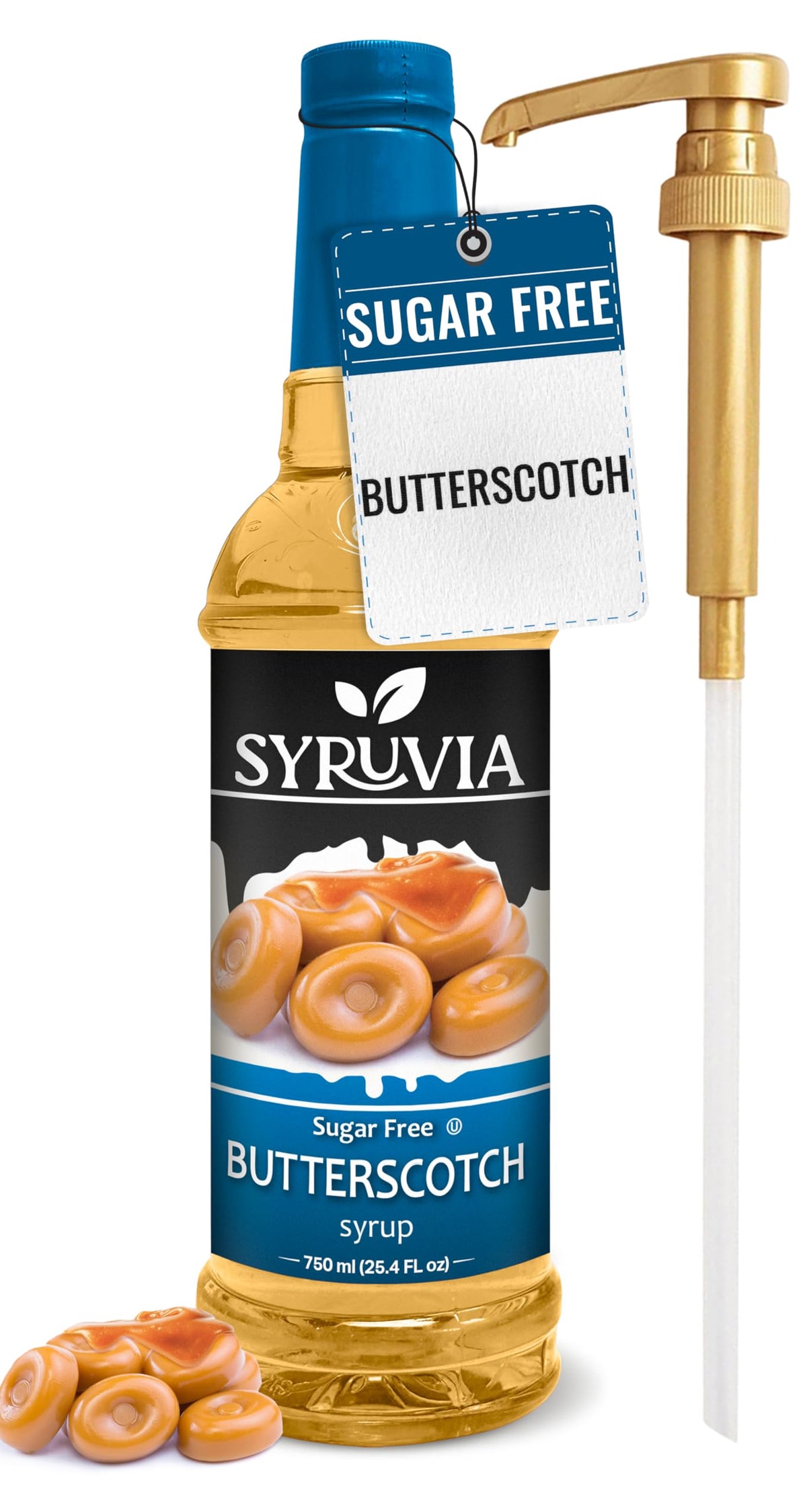 SYRUVIA sugar-free butterscotch syrup bottle with pump for mess-free topping