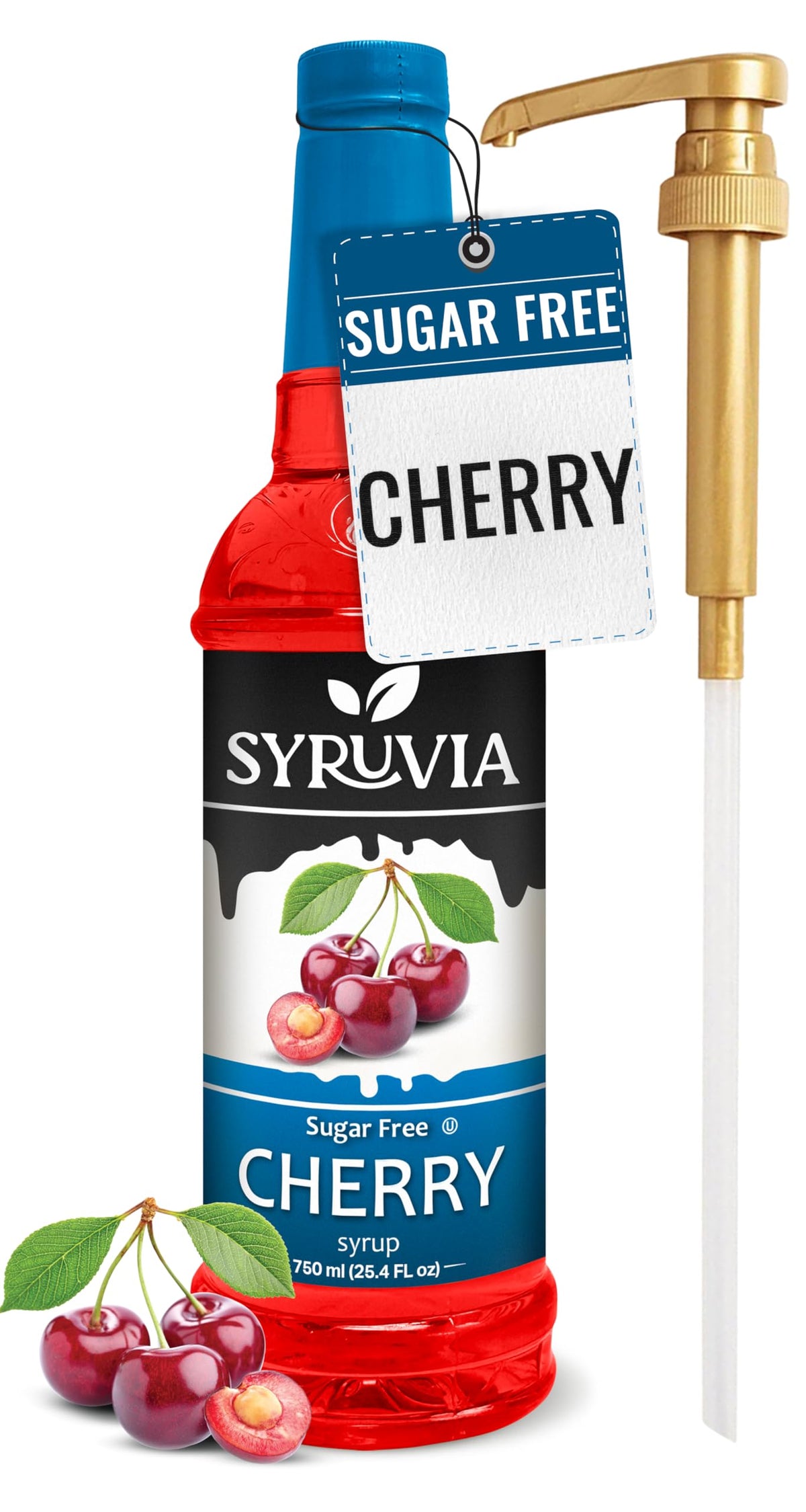 Syruvia Sugar-Free Cherry Syrup bottle ready for drinks and desserts.