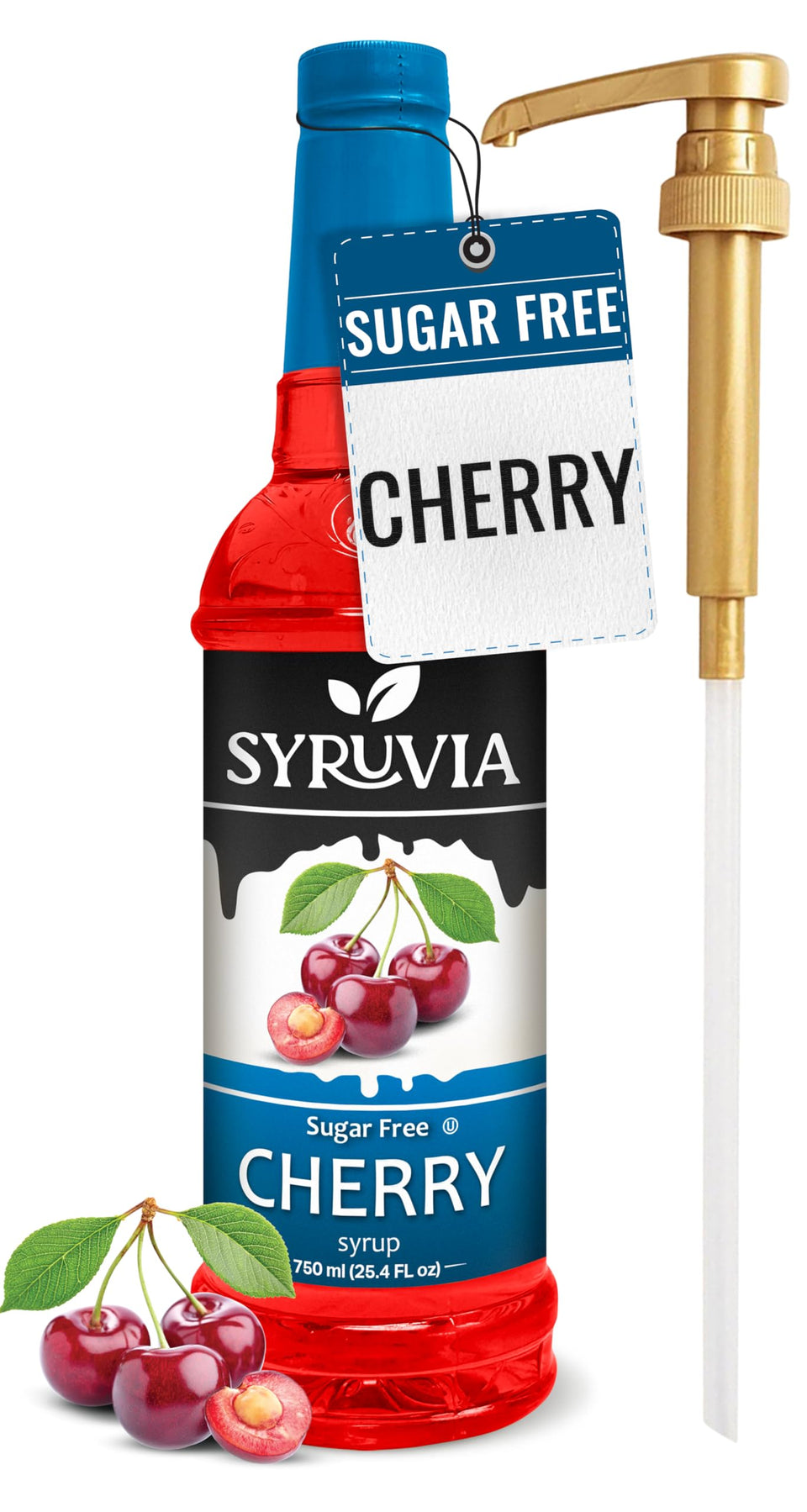 Syruvia Sugar-Free Cherry Syrup bottle ready for drinks and desserts.