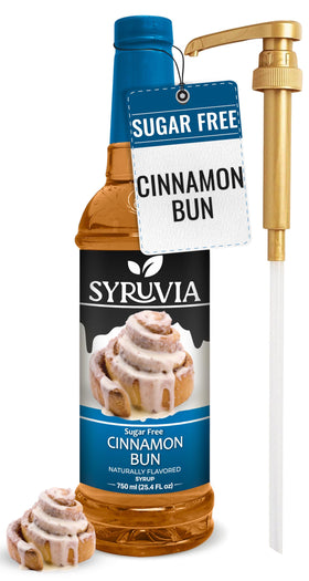 SYRUVIA sugar-free cinnamon bun syrup bottle for guilt-free flavor in coffee and desserts.