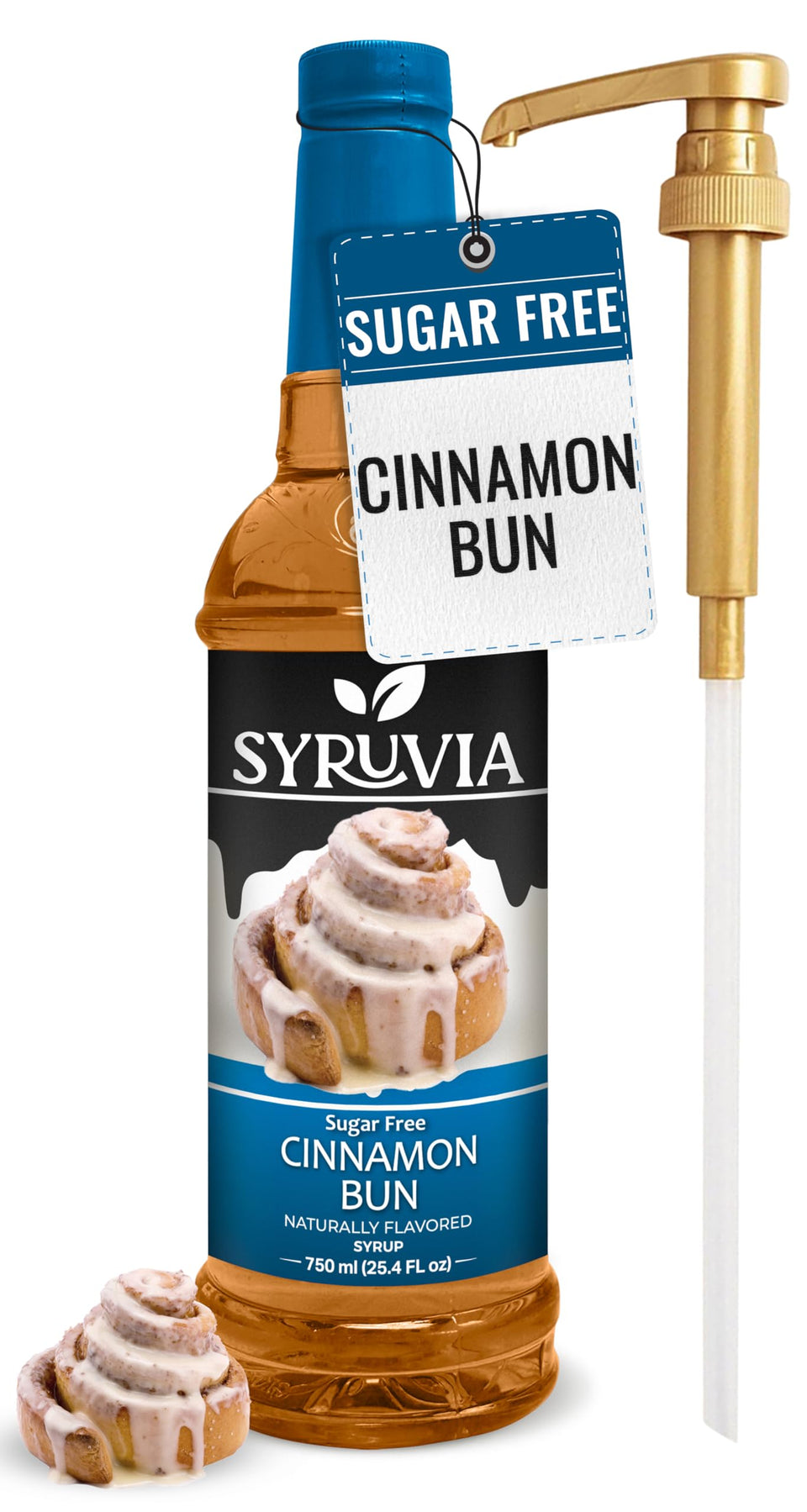 SYRUVIA sugar-free cinnamon bun syrup bottle for guilt-free flavor in coffee and desserts.