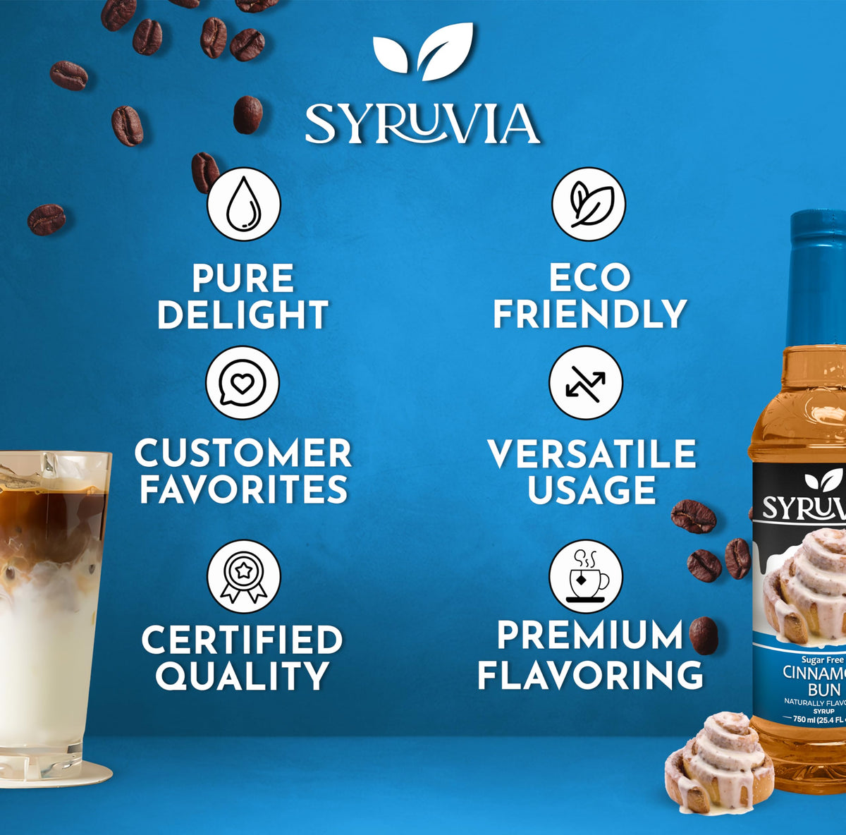 SYRUVIA sugar-free cinnamon bun syrup tops desserts with rich aroma.