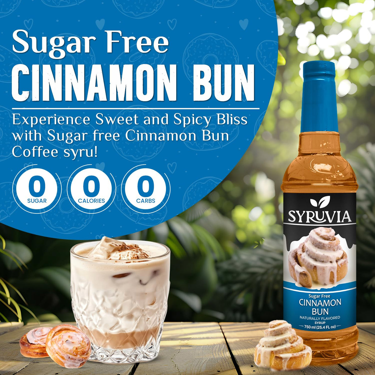 SYRUVIA syrup pump dispensing sugar-free cinnamon bun flavor for quick coffee customization.