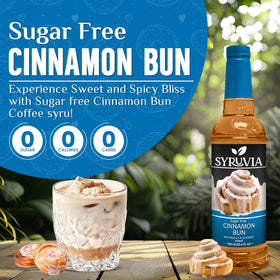 SYRUVIA syrup pump dispensing sugar-free cinnamon bun flavor for quick coffee customization.