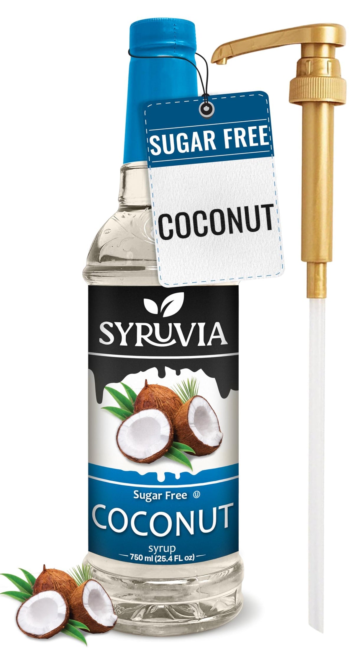 SYRUVIA Sugar Free Coconut Syrup bottle shows tropical flavor with zero calories for daily drinks.