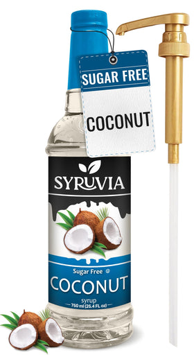 SYRUVIA Sugar Free Coconut Syrup bottle shows tropical flavor with zero calories for daily drinks.