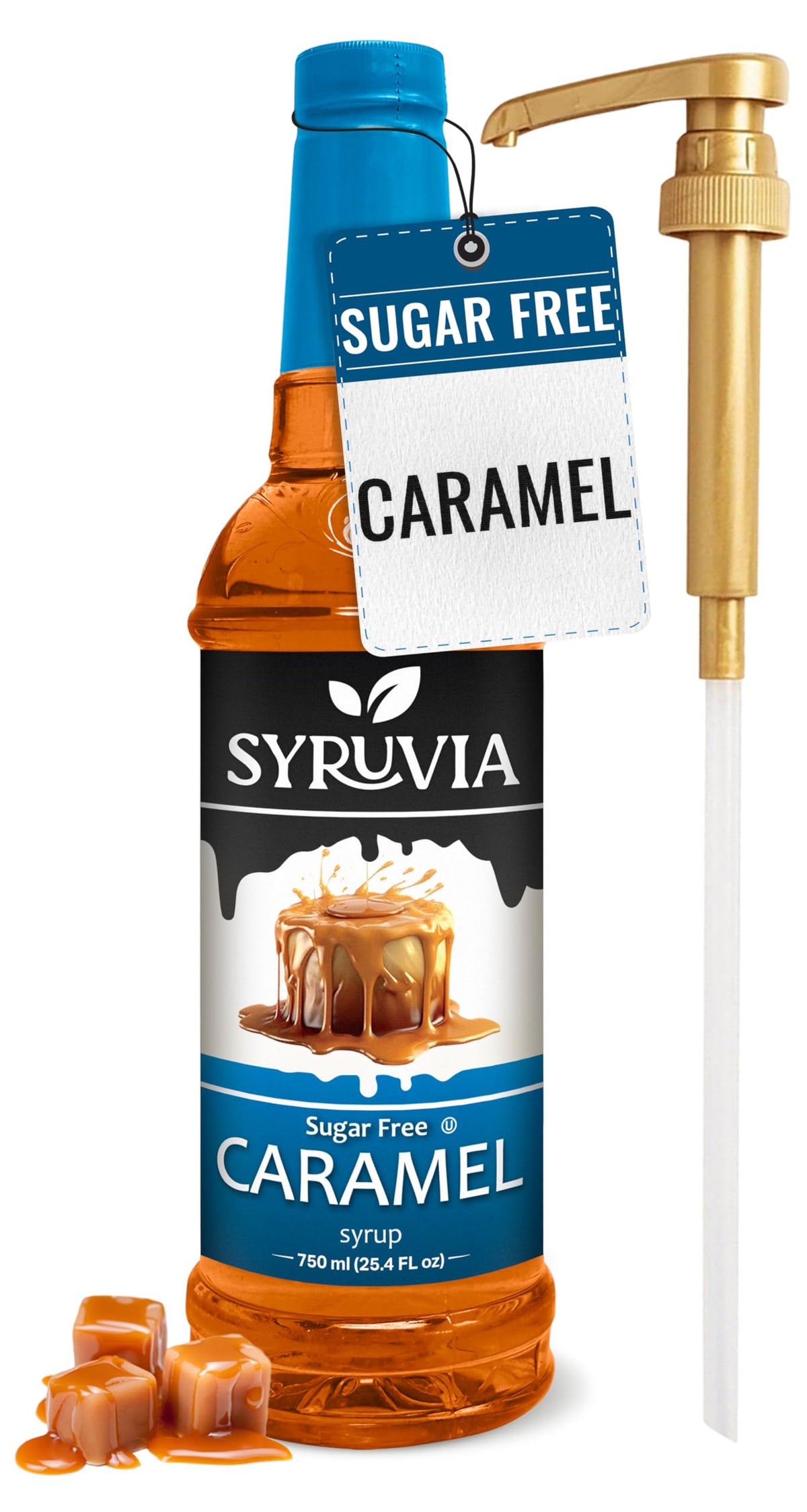 SYRUVIA sugar-free coffee syrup bottle with label offers rich flavor without calories.
