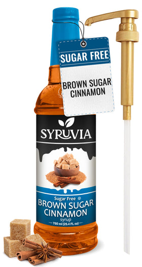 SYRUVIA sugar-free coffee syrup bottle pump enhances beverages with brown sugar cinnamon flavor.